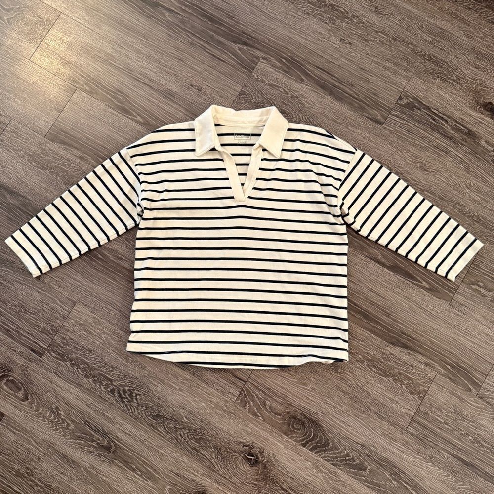 L.L.Bean Heritage Mariner Top Split-Neck Polo Three-Quarter-Sleeve Stripe